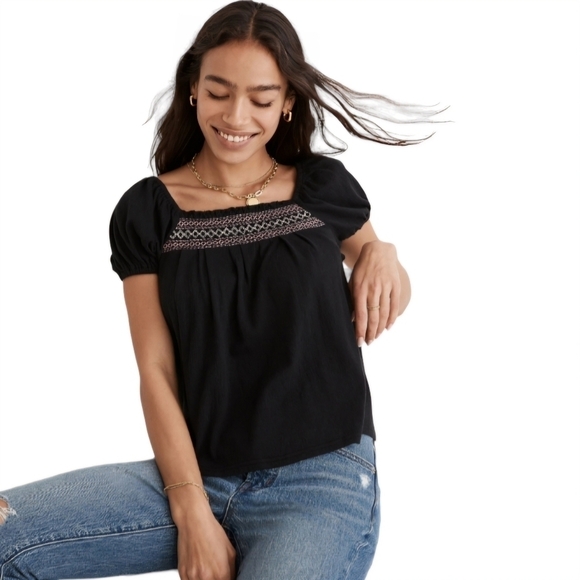 Madewell Embroidered Square-Neck Top, Black, Size XXS - Picture 1 of 12
